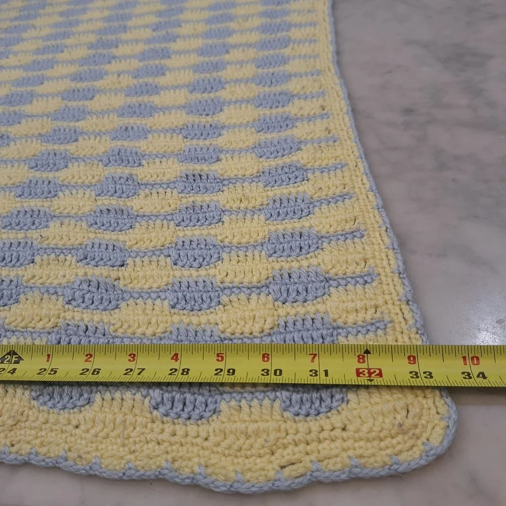 Handmade Crochet Baby Blanket 34x34 Yellow Blue ShellPattern Nursery Cottagecore